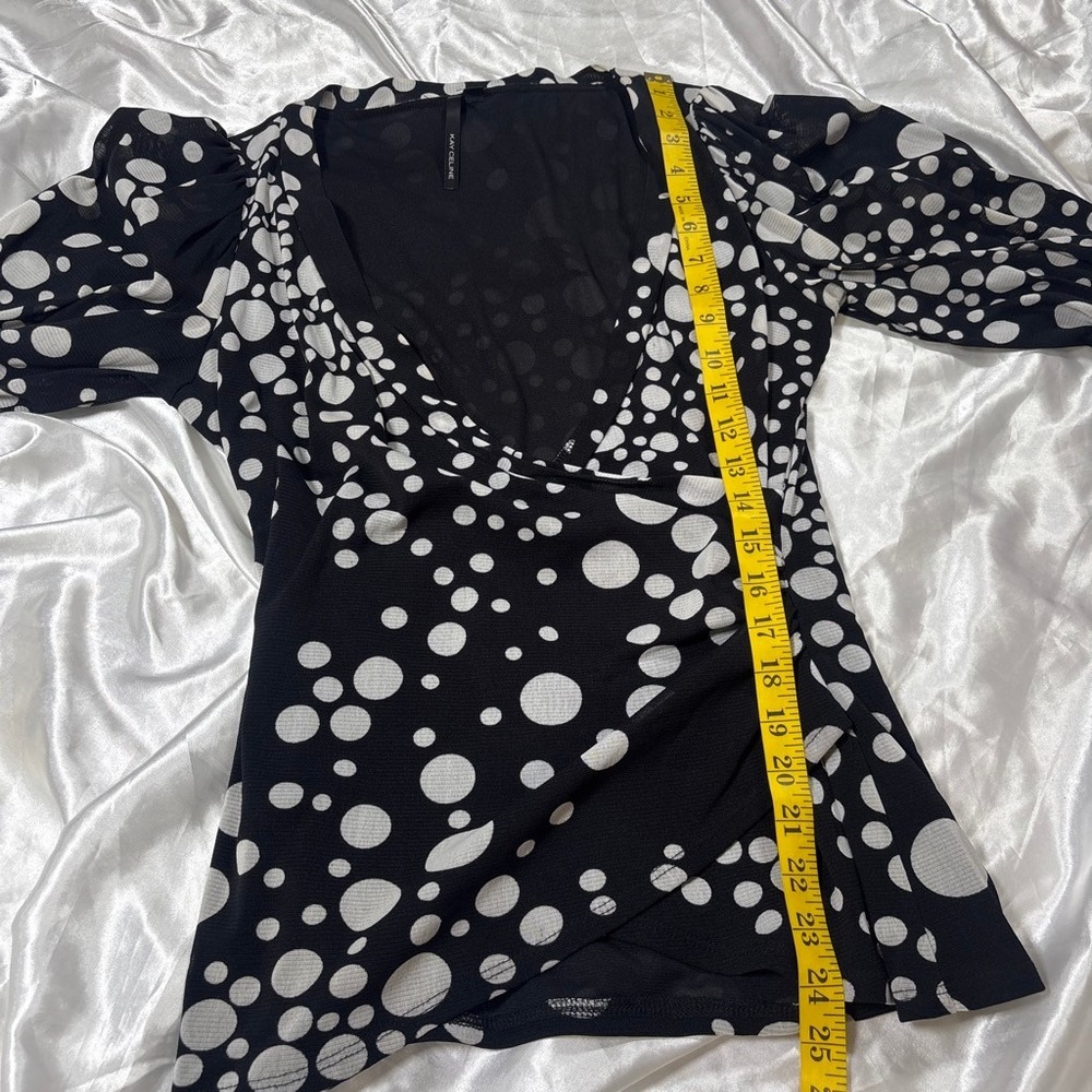 y2k Kay Celine Wrap Top Black White Polka Dot V-Neck Blouse - Picture 5 of 5